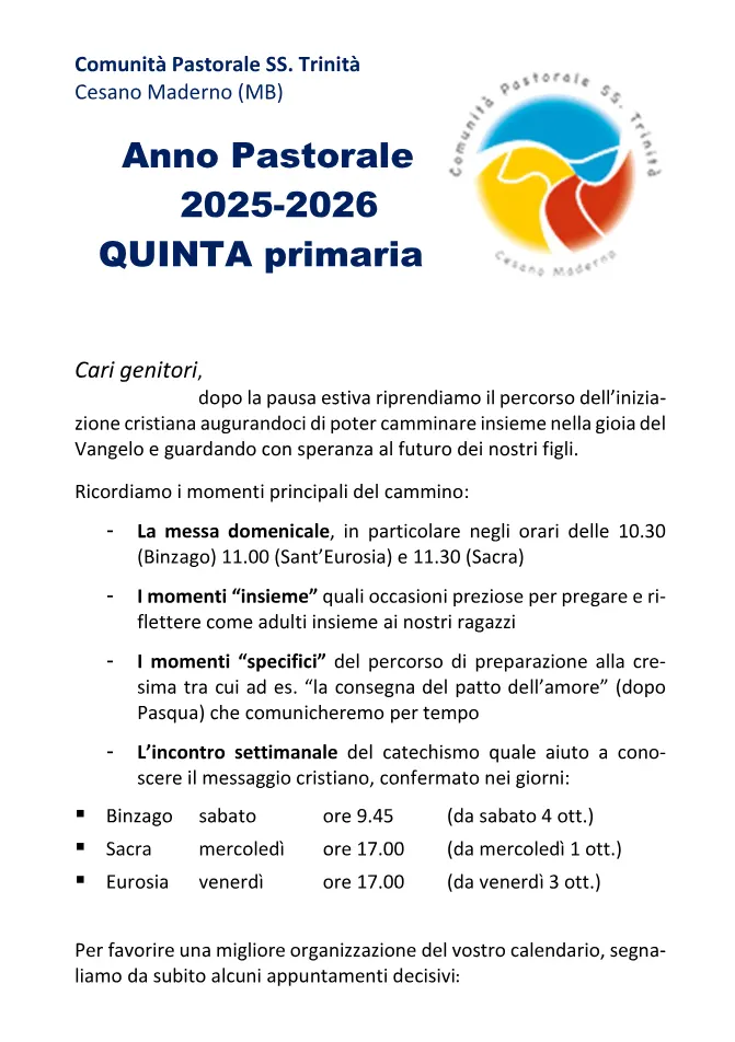 Avvisi ai genitori, V Primaria
