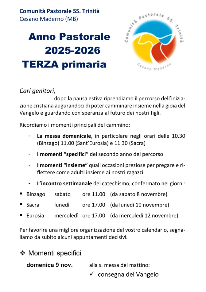 Avvisi ai genitori, III Primaria