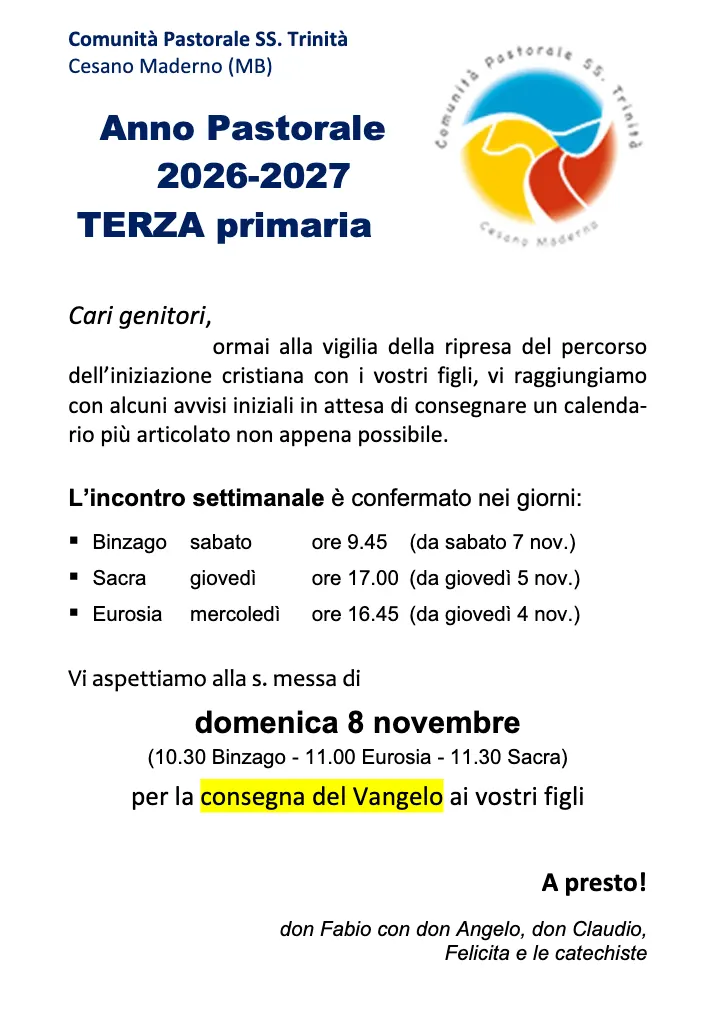 Terza primaria: ripresa del catechismo e consegna del Vangelo
